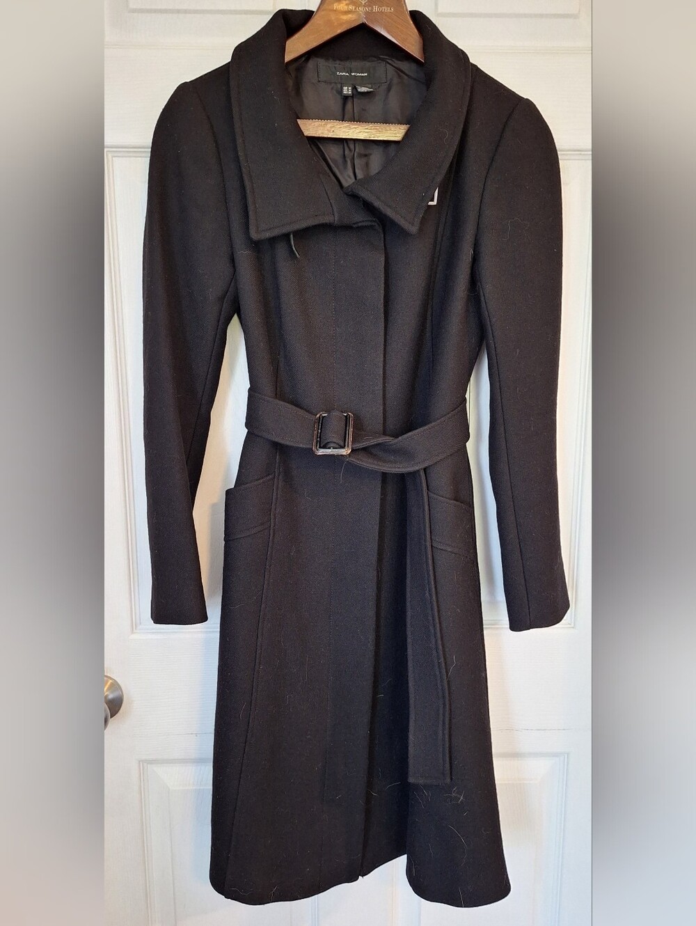 Zara Woman Black 100% Wool Belted Long Coat Made in Spain M New